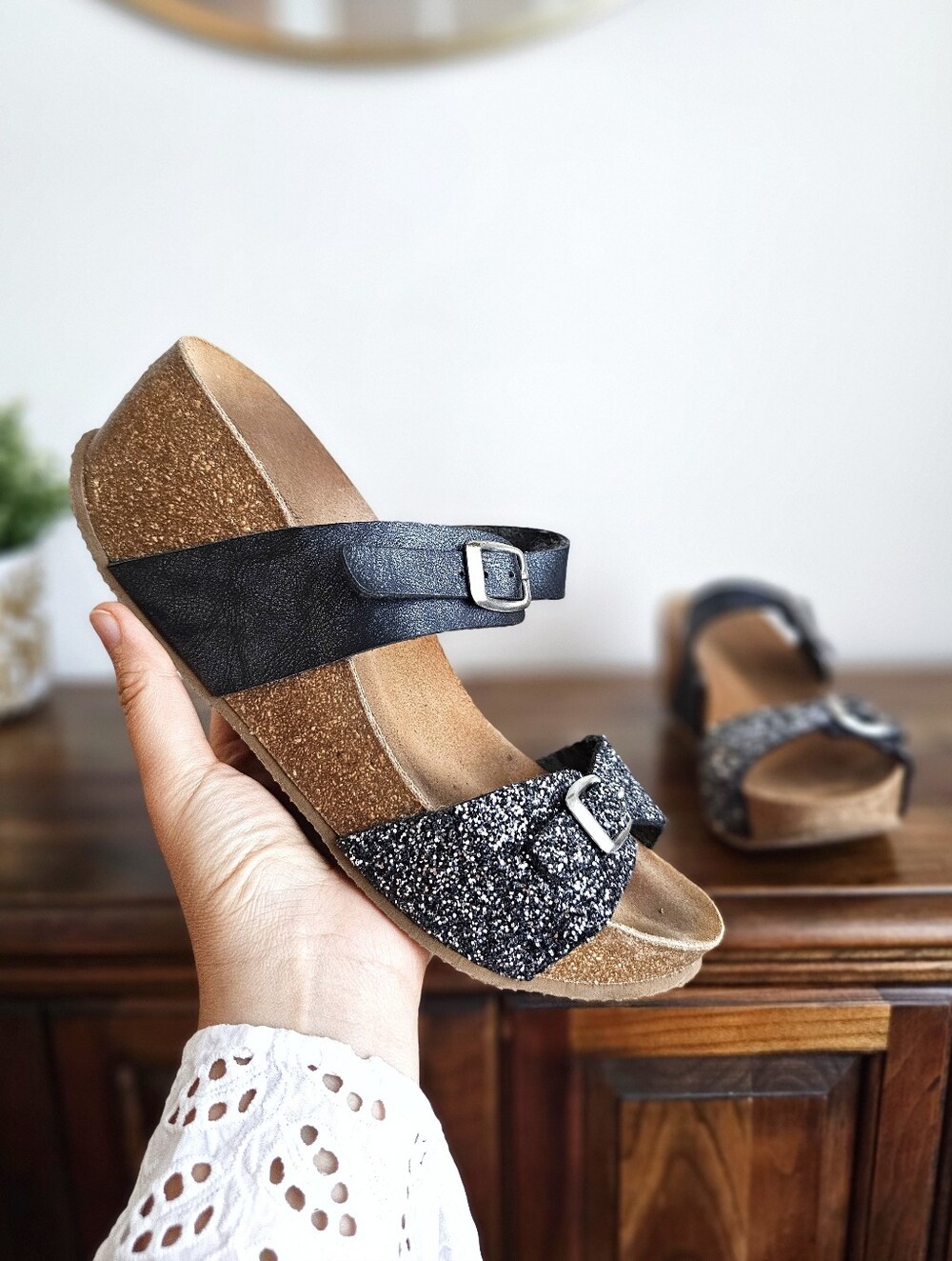 Y2K Bella Moda Shoes Glitter Double Strap Cork Slide Sandals EU 40 Black Sparkle